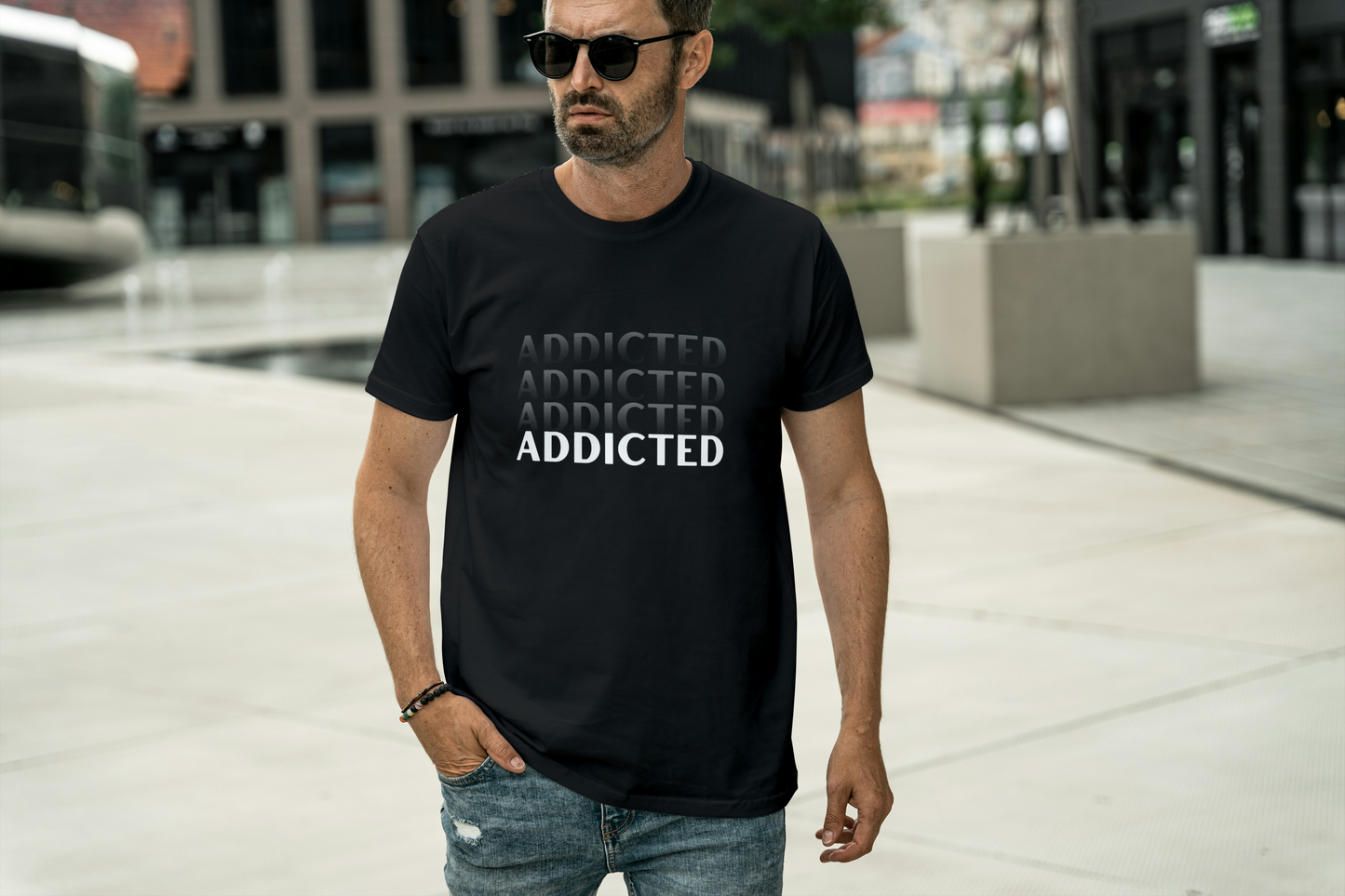 ADDICTED Gradient Text Men's Tee – Minimal Monochrome Edition